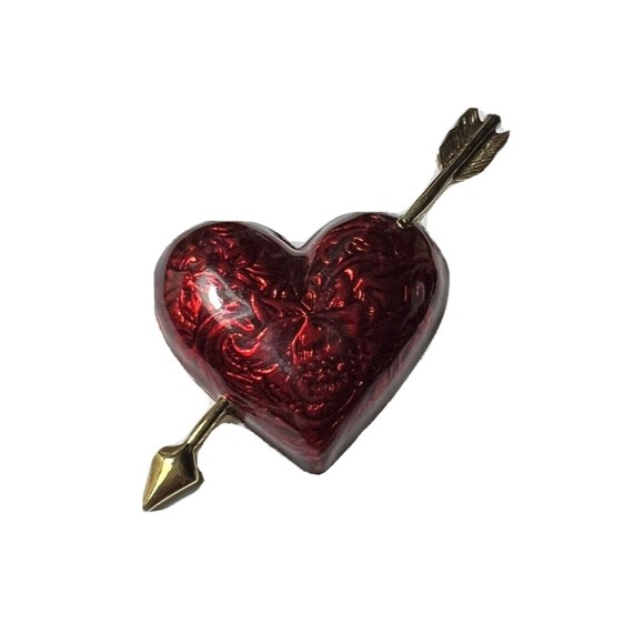 Vintage Avon Signed Red Enameled Puffy Heart Cupid Arrow Brooch Pin Gold Tone - Picture 1 of 6